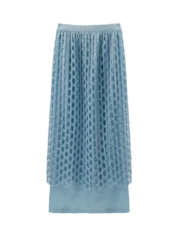 Sparkly Mesh Knit Unique Nichi Plain Satin Long-Skirt