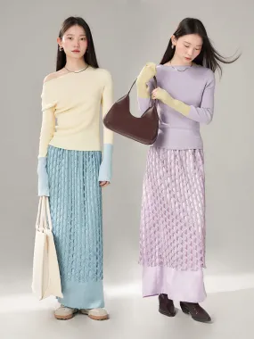 Sparkly Mesh Knit Unique Nichi Plain Satin Long-Skirt