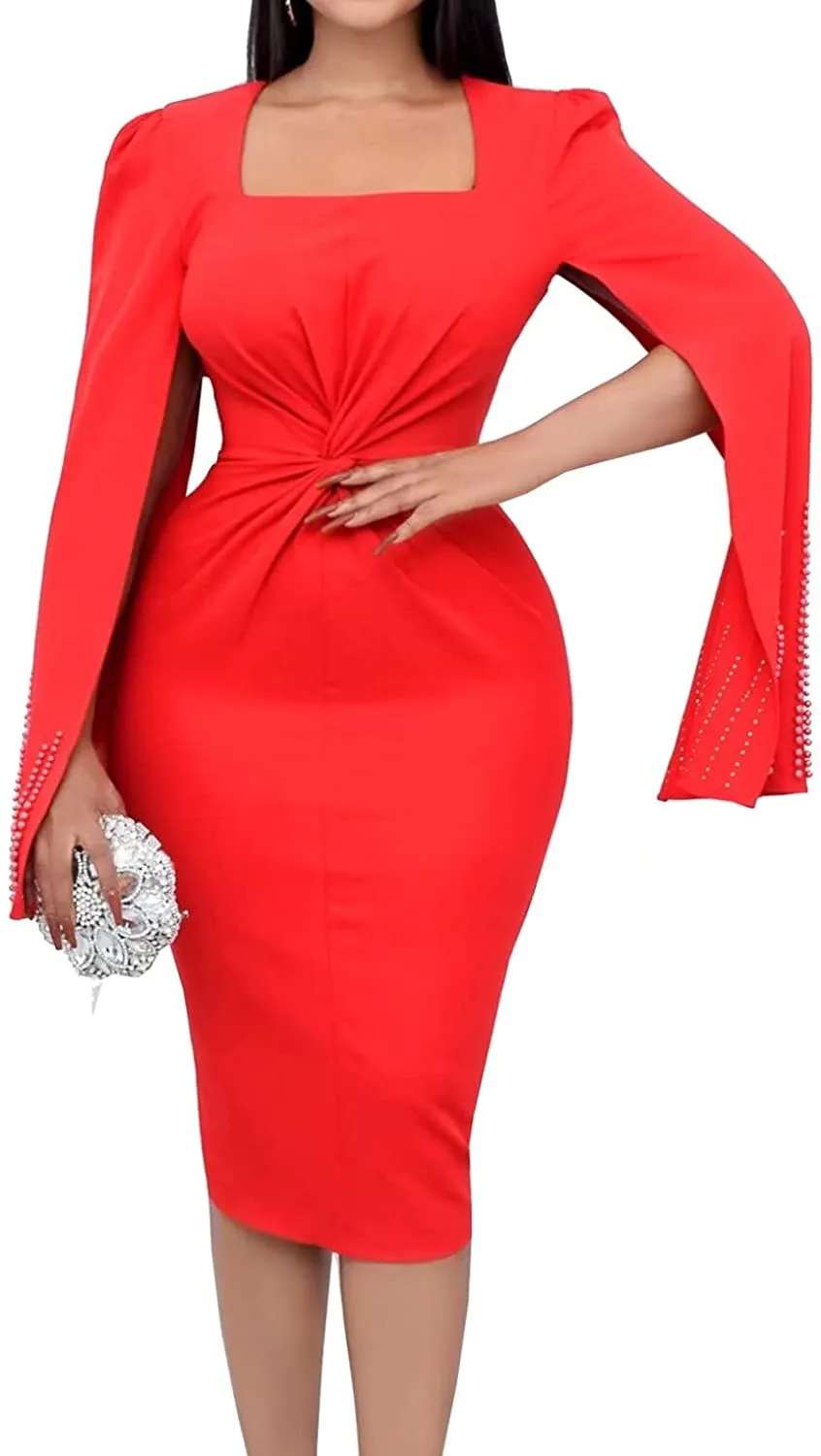 Square Neck Loose Sleeve Bodycon Pencil Dress