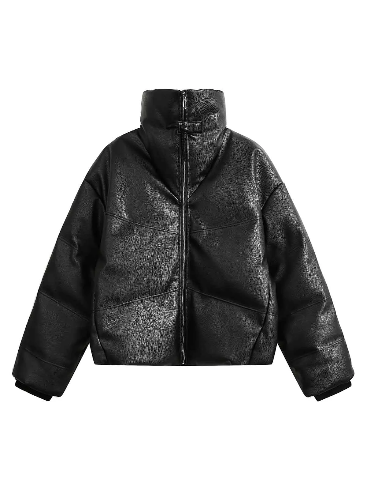 Stand collar short PU leather Quilted Puffer Jacket