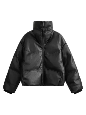 Stand collar short PU leather Quilted Puffer Jacket