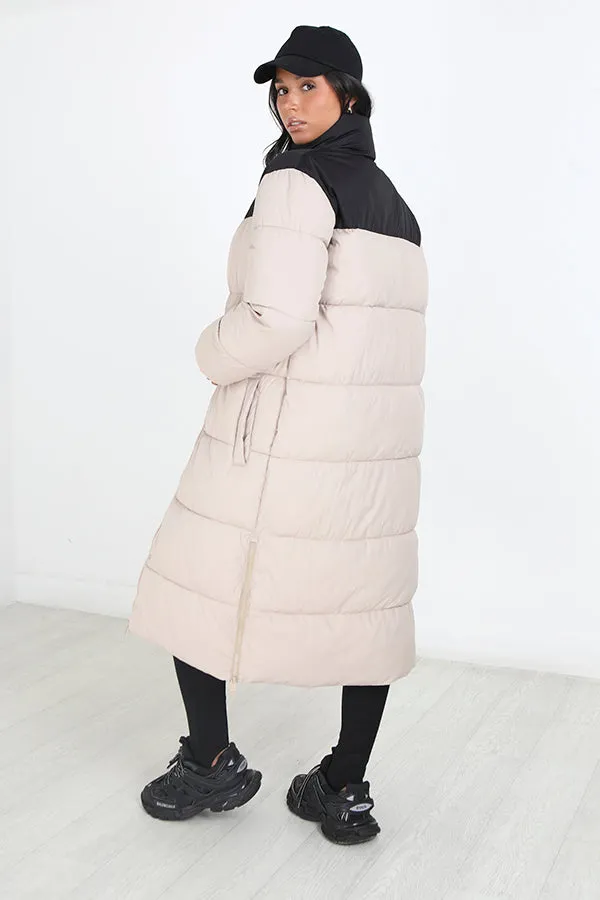 STONE CONTRAST LONGLINE PADDED PUFFER JACKET