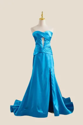 Strapless Blue Twist A-line Satin Long Dress