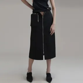 Streetwear Black Midi Skirts For Women High Waist Patchwork Zipper Pockets Solid Long Skirts Female Clothing Summer