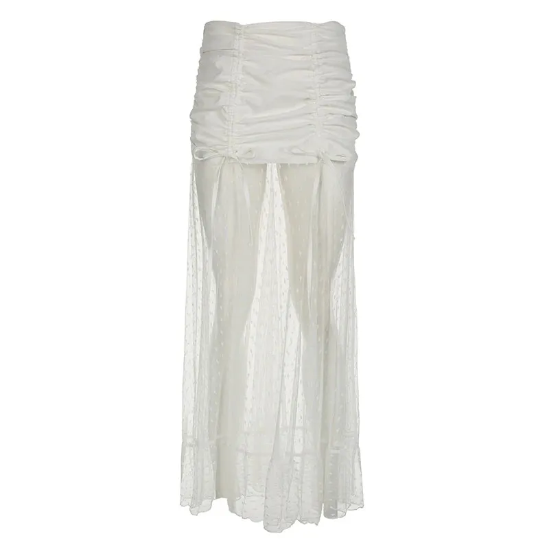 Streetwear White Ruffles Folds Sexy Long Skirt Women Fashion Korean Mesh Lace Spliced Transparent Summer Party Skirt