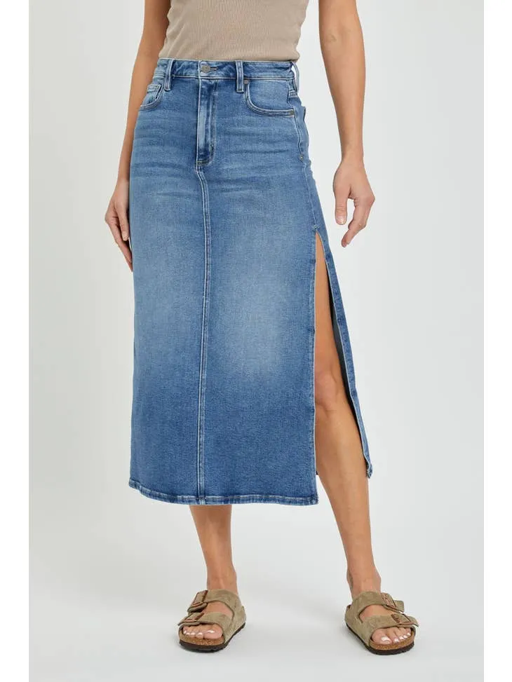 Stretch Denim Midi Skirt