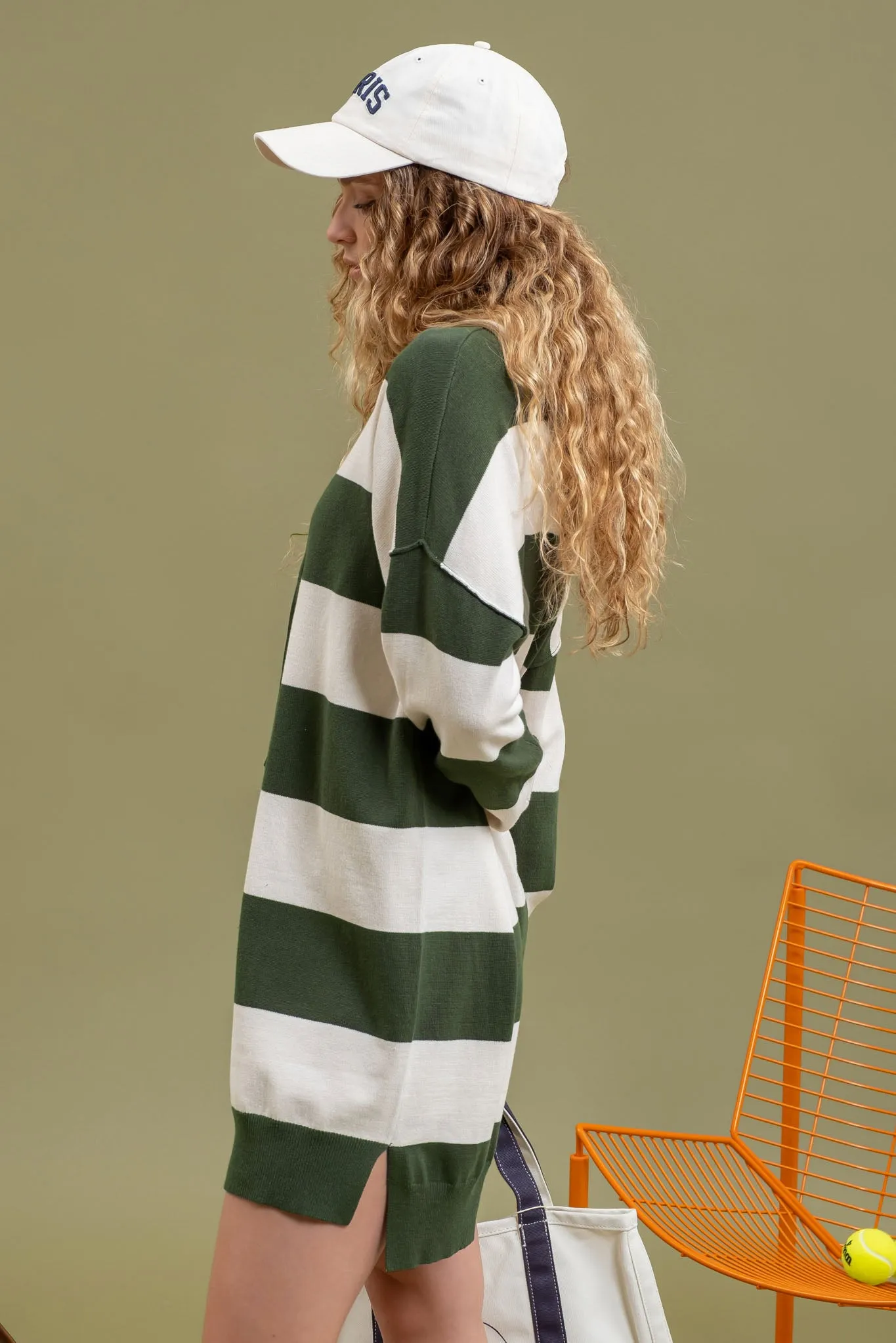 STRIPED DRAWSTRING HOODIE MINI KNIT DRESS