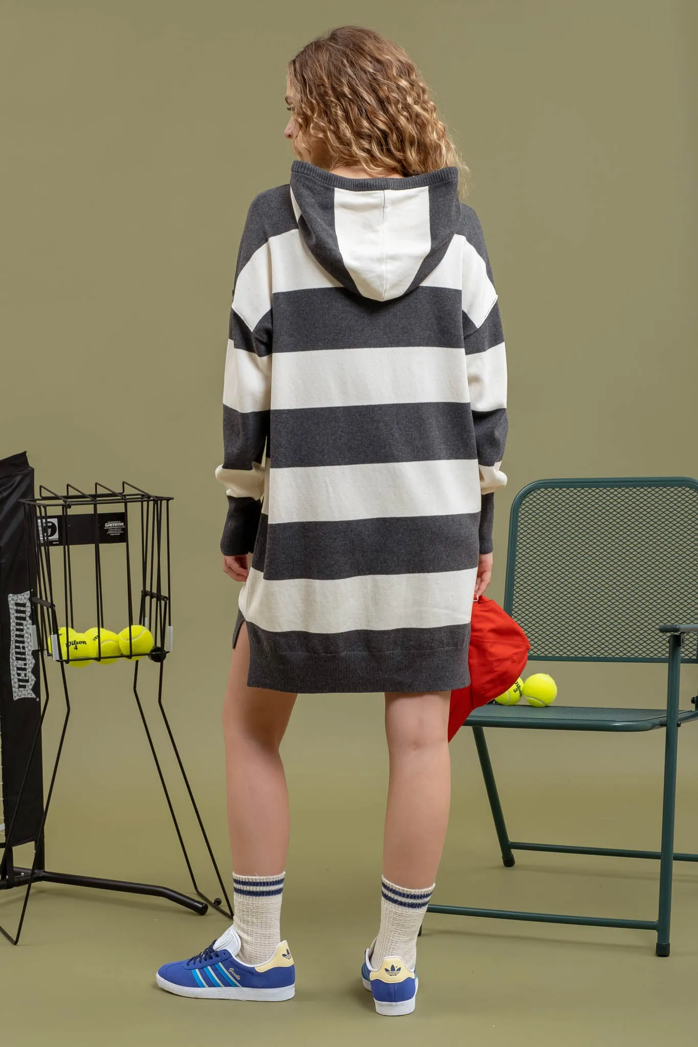 STRIPED DRAWSTRING HOODIE MINI KNIT DRESS