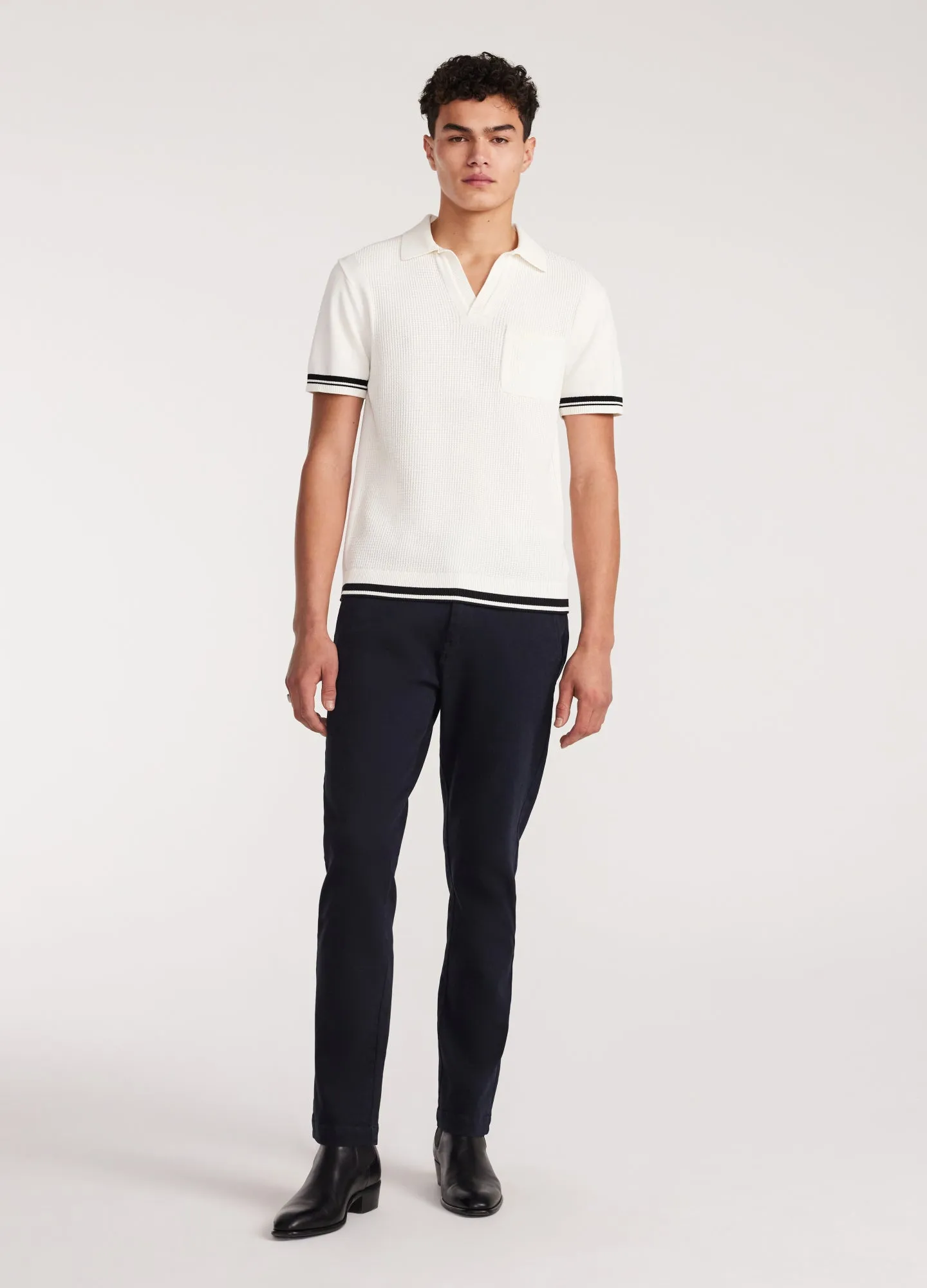 Striped Trim Textured Knit Polo Off White