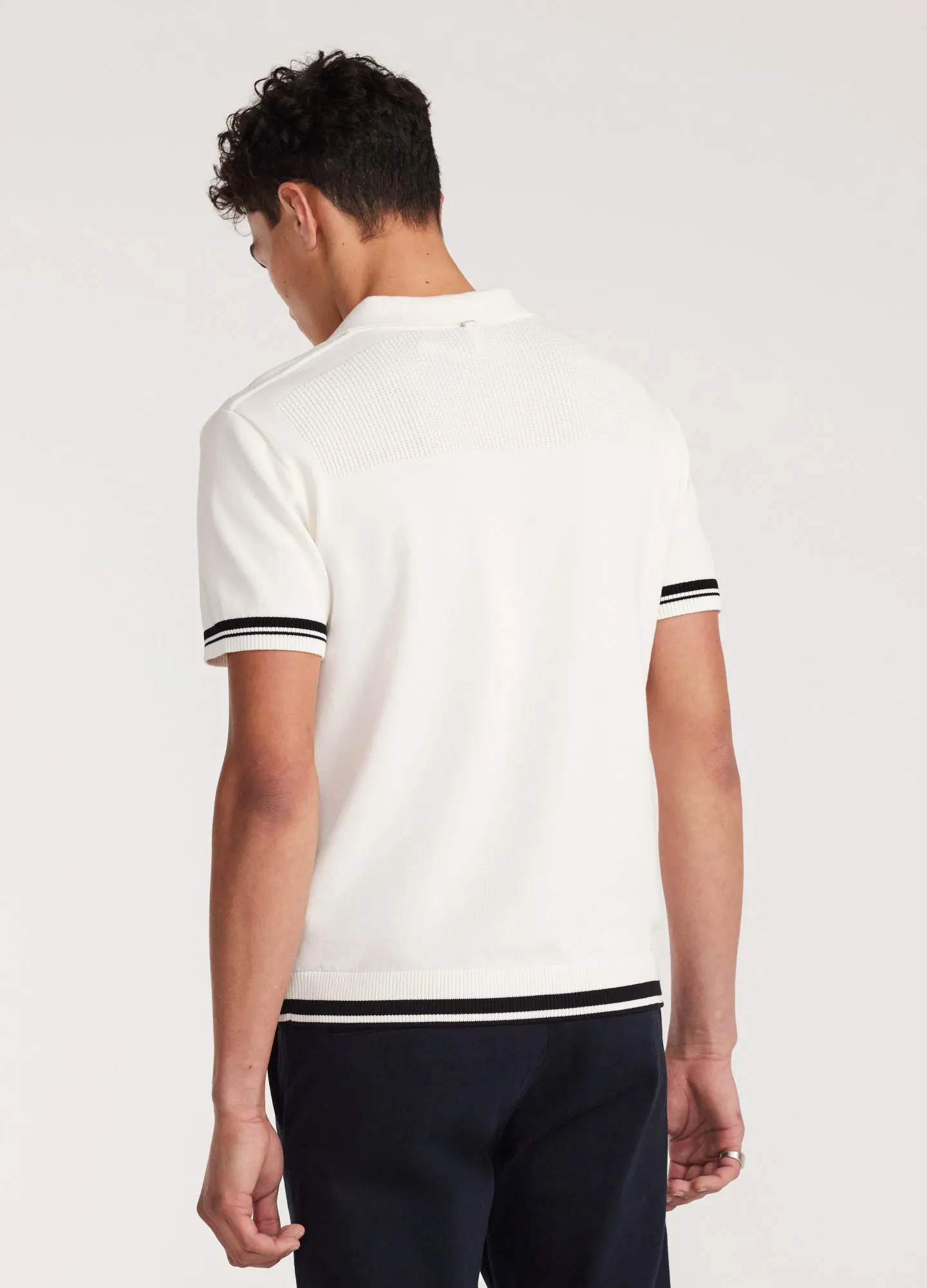 Striped Trim Textured Knit Polo Off White