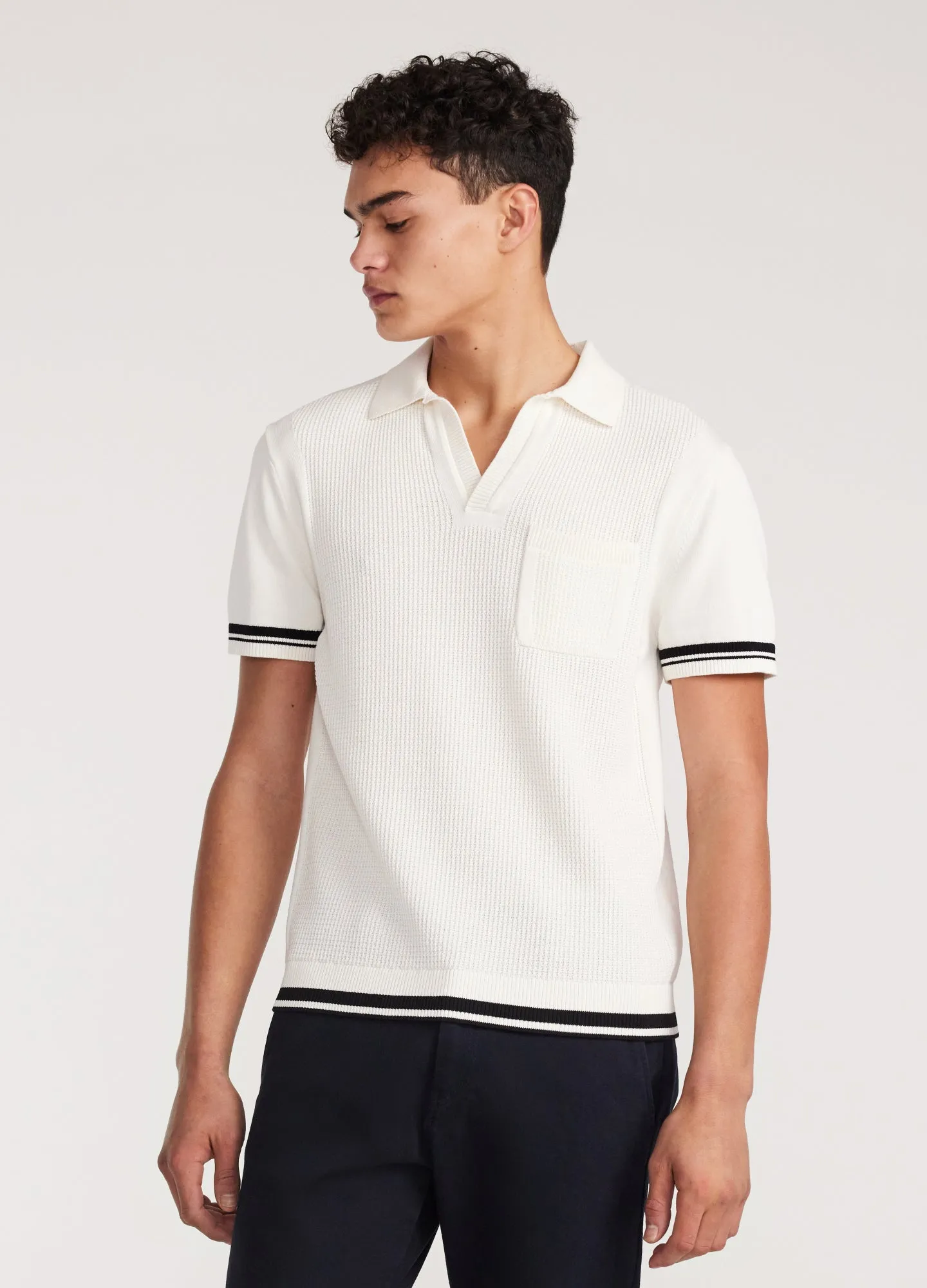 Striped Trim Textured Knit Polo Off White