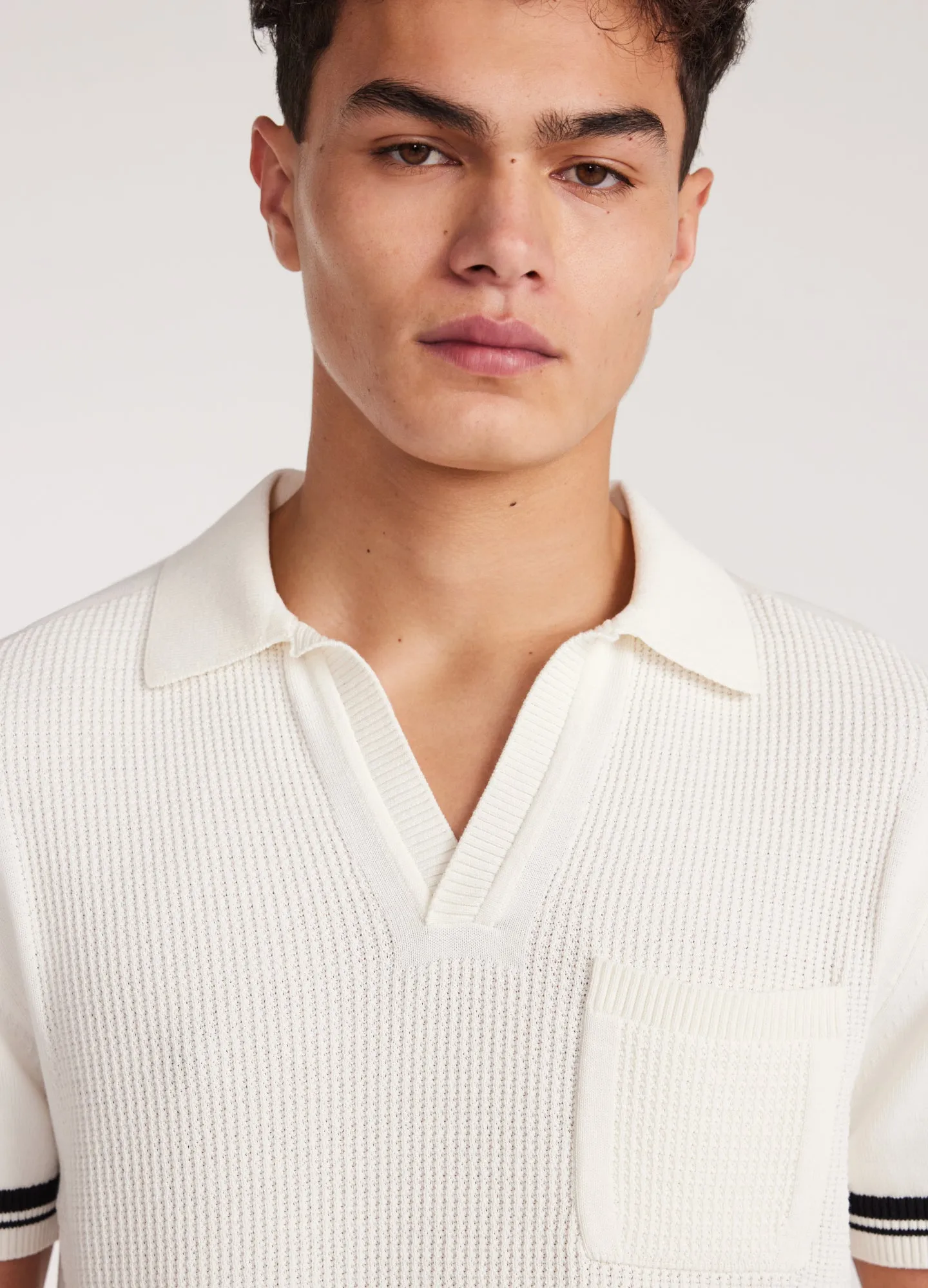 Striped Trim Textured Knit Polo Off White