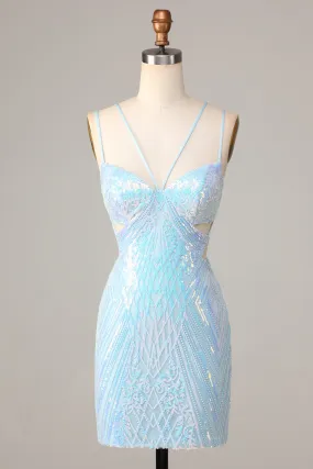 Stunning Blue Bodycon Cut-Out Sequins Short Homecoming Dress