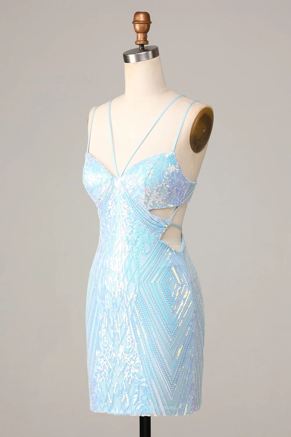 Stunning Blue Bodycon Cut-Out Sequins Short Homecoming Dress