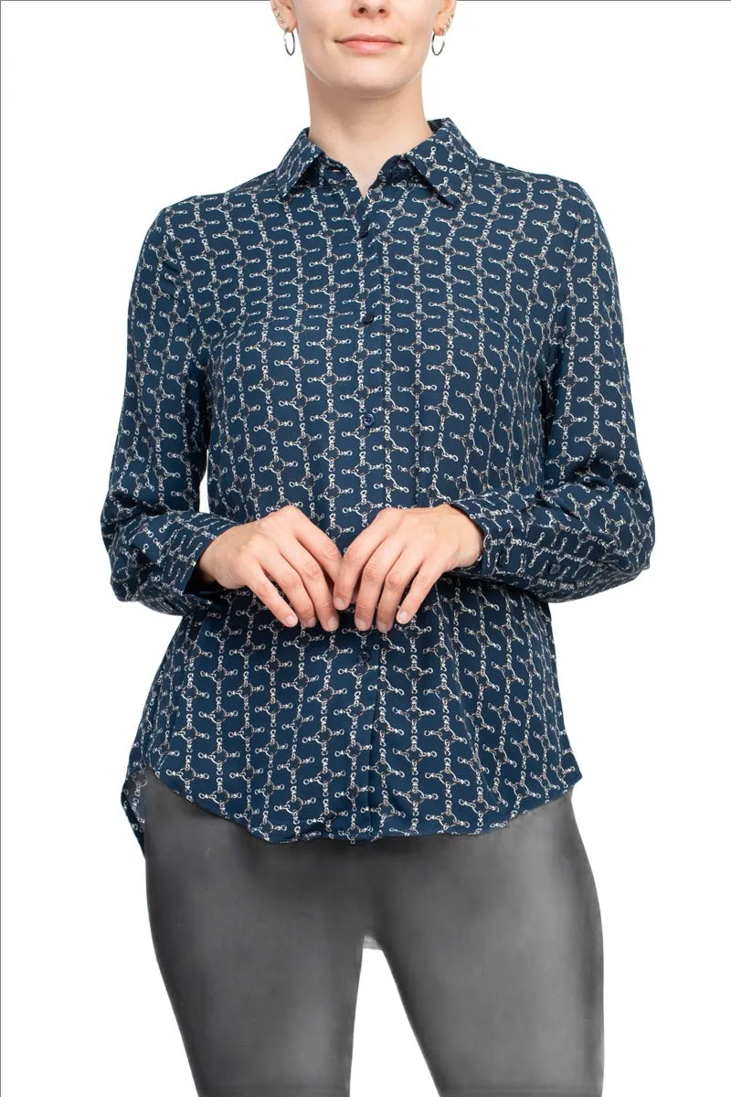 T Tahari collared 5 button closure cuffed long sleeve multi print chiffon shirt