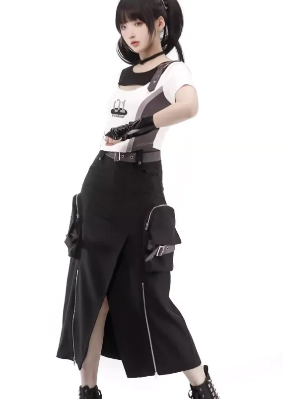 Techwear Sweet Girl Top And Cargo Skirt Set（Sold Separately）