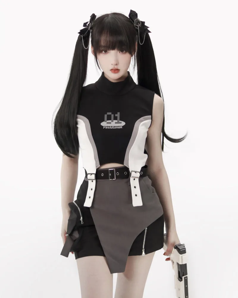 Techwear Sweet Girl Top And Cargo Skirt Set（Sold Separately）