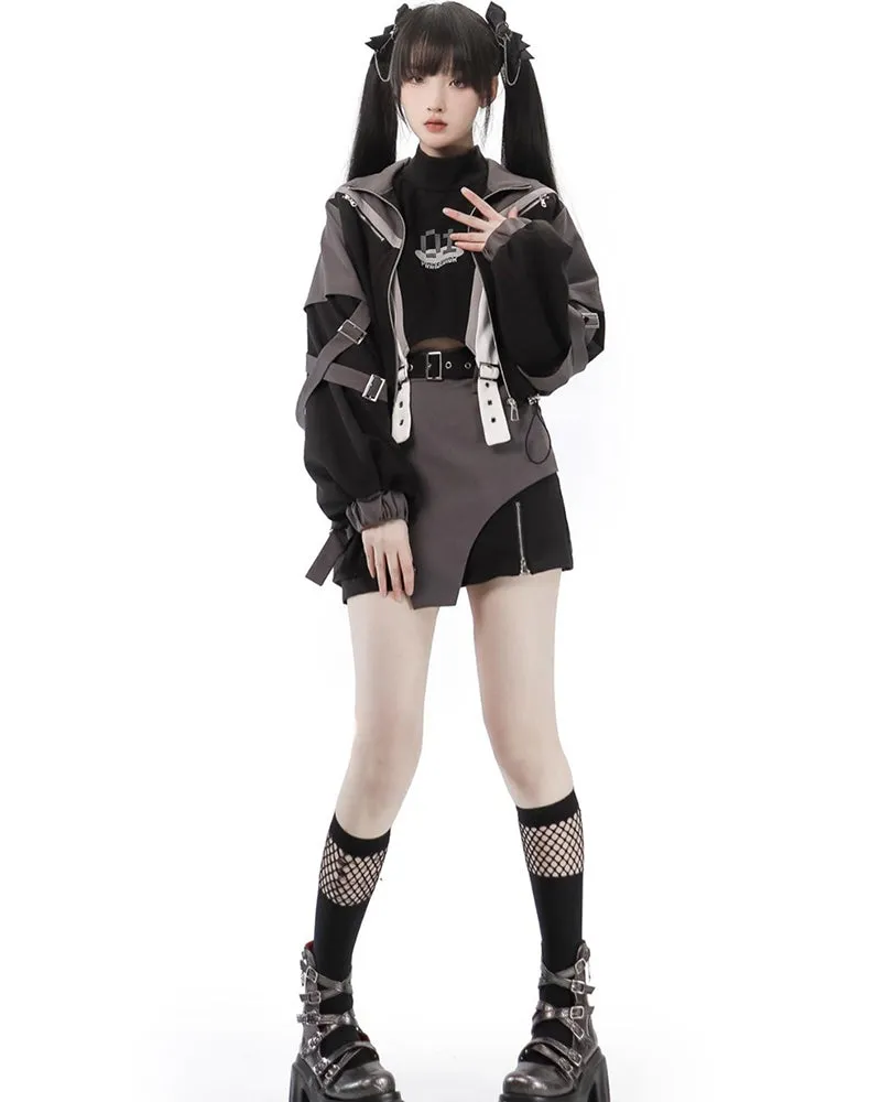 Techwear Sweet Girl Top And Cargo Skirt Set（Sold Separately）