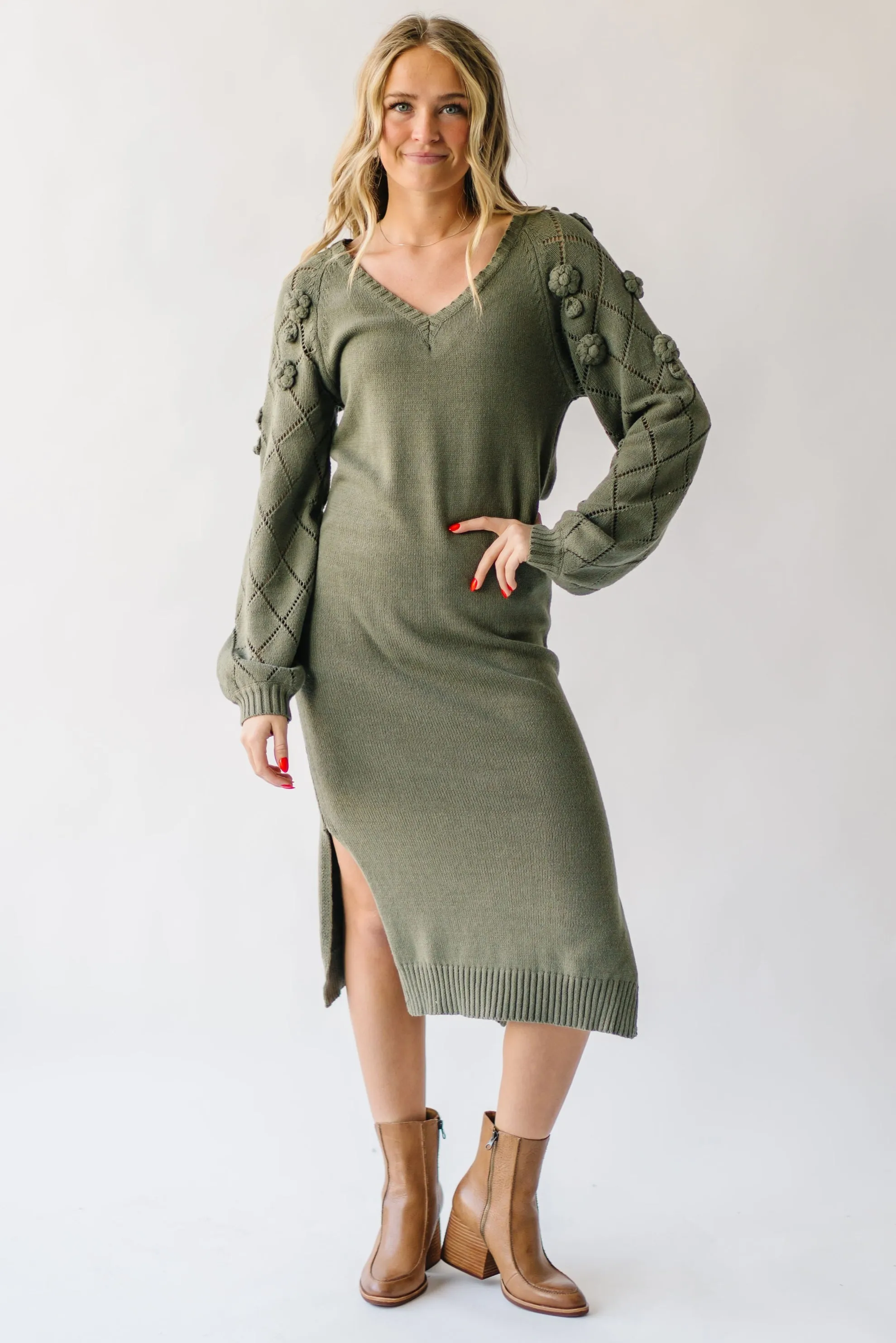 The Sturgill Floral Sleeve Sweater Dress in Olive