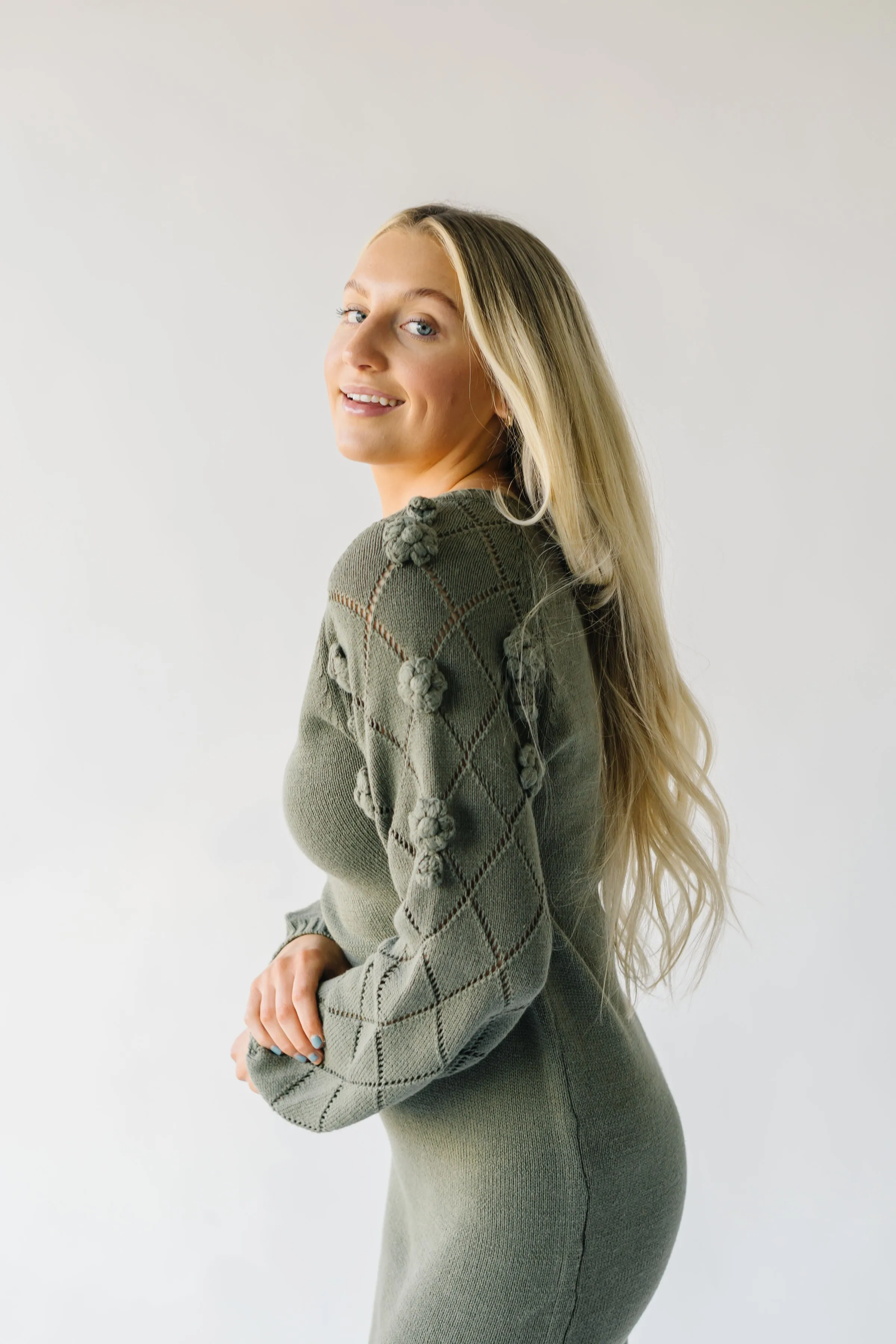 The Sturgill Floral Sleeve Sweater Dress in Olive