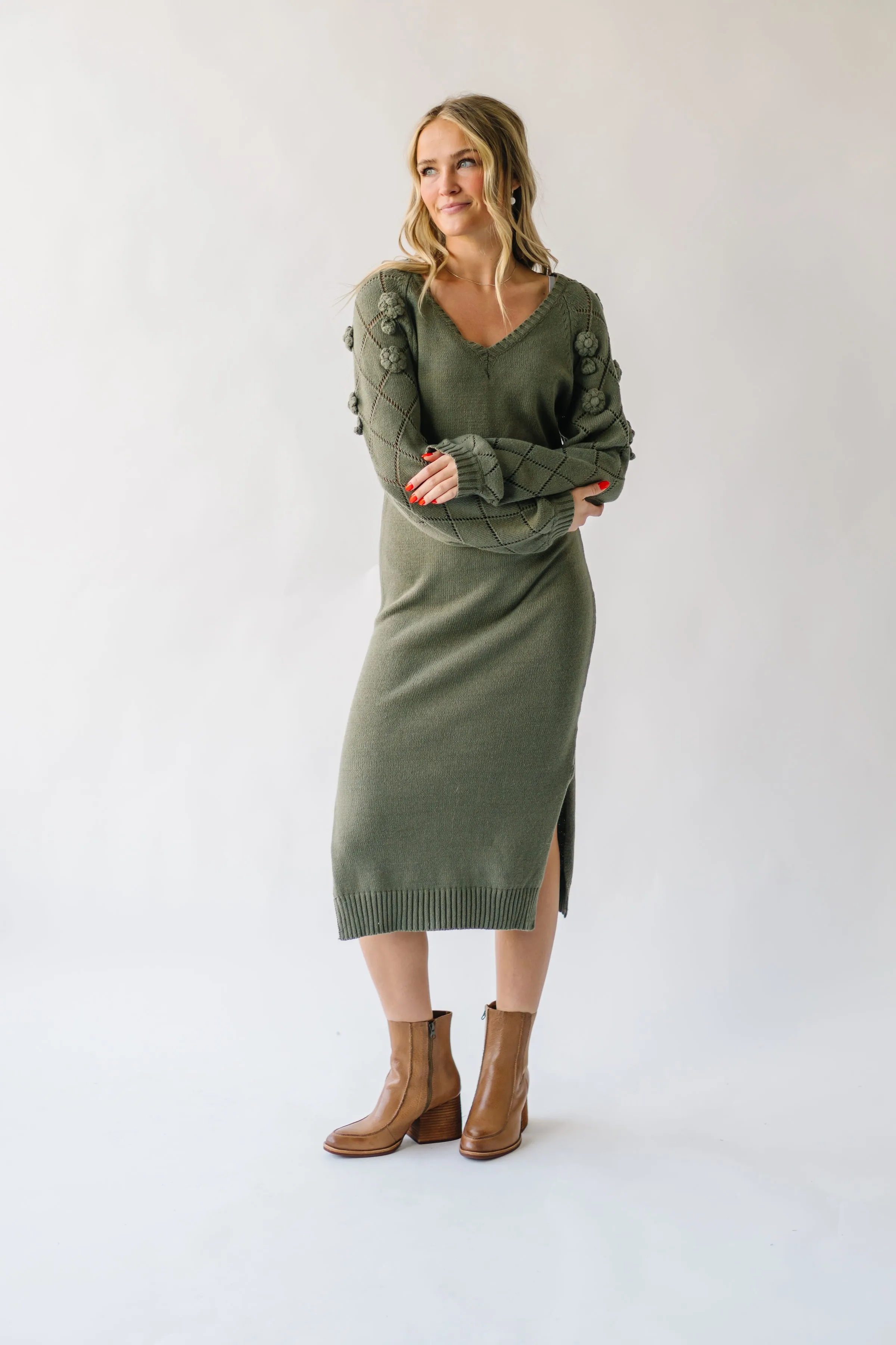 The Sturgill Floral Sleeve Sweater Dress in Olive