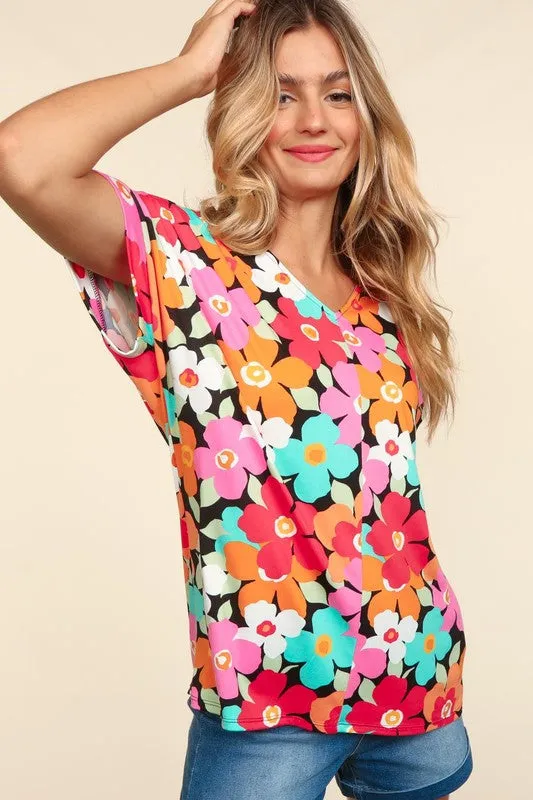 V Neck Multi Color Floral Dolman Top