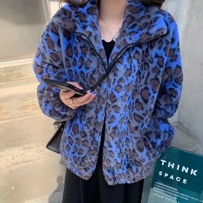 Veera Blue Leopard Plush Bomber Jacket