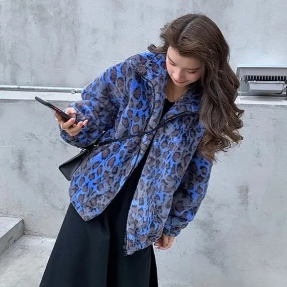 Veera Blue Leopard Plush Bomber Jacket