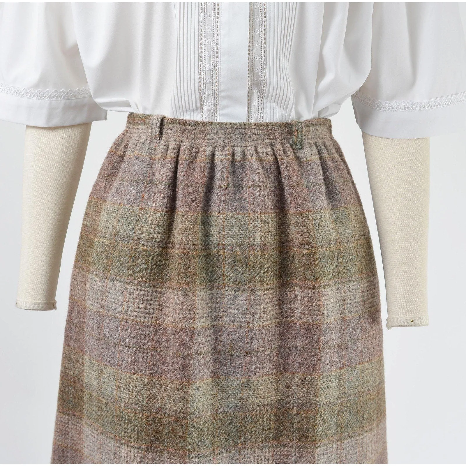 Vintage 70s Brown Plaid Skirt Elastic Waist Straight Midi Skirt with Pockets size XS