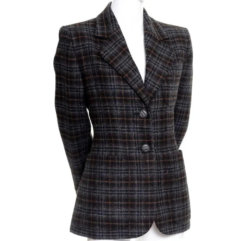 Vintage Plaid Yves Saint Laurent Wool Blazer YSL France Size 42 US 10