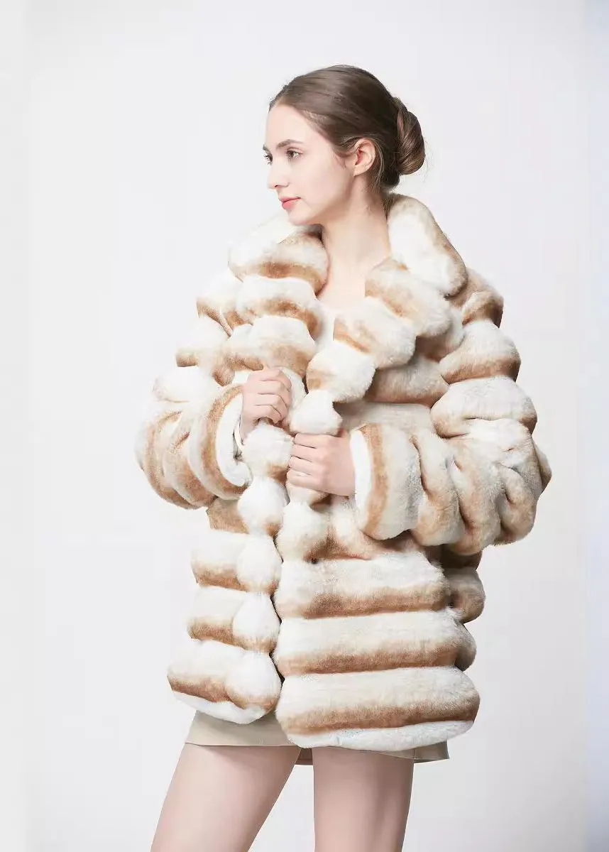 Vivian Seven Colorblock Ivory Brown Striped Faux Fur Coat