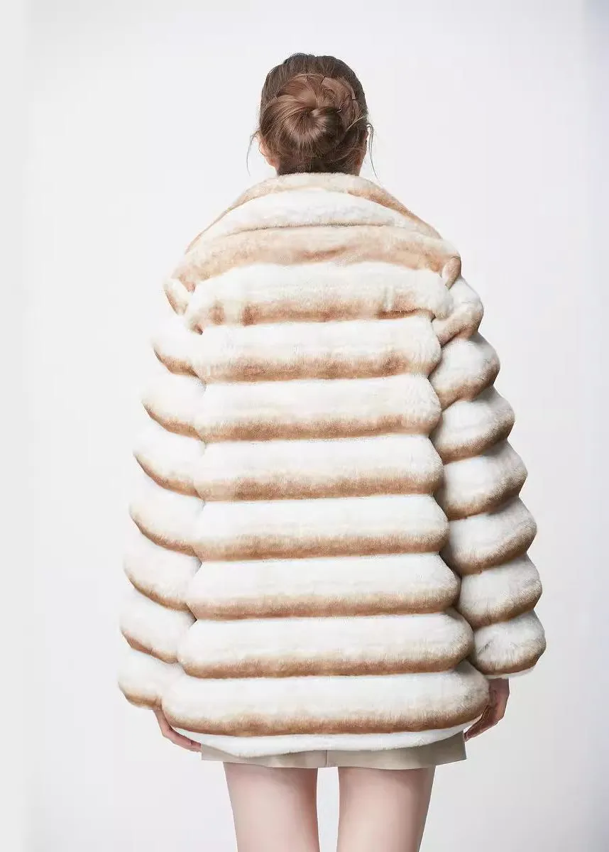 Vivian Seven Colorblock Ivory Brown Striped Faux Fur Coat