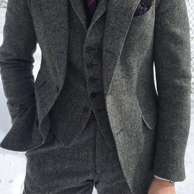 Voguable Gray Wool Tweed Men Suits For Winter Wedding Formal Groom Tuxedo 3 Piece Herringbone Male Fashion Set Jacket Vest with Pants