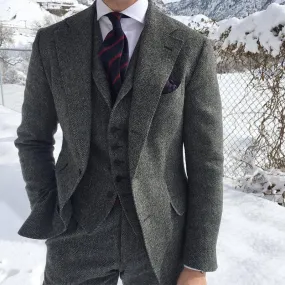 Voguable Gray Wool Tweed Men Suits For Winter Wedding Formal Groom Tuxedo 3 Piece Herringbone Male Fashion Set Jacket Vest with Pants