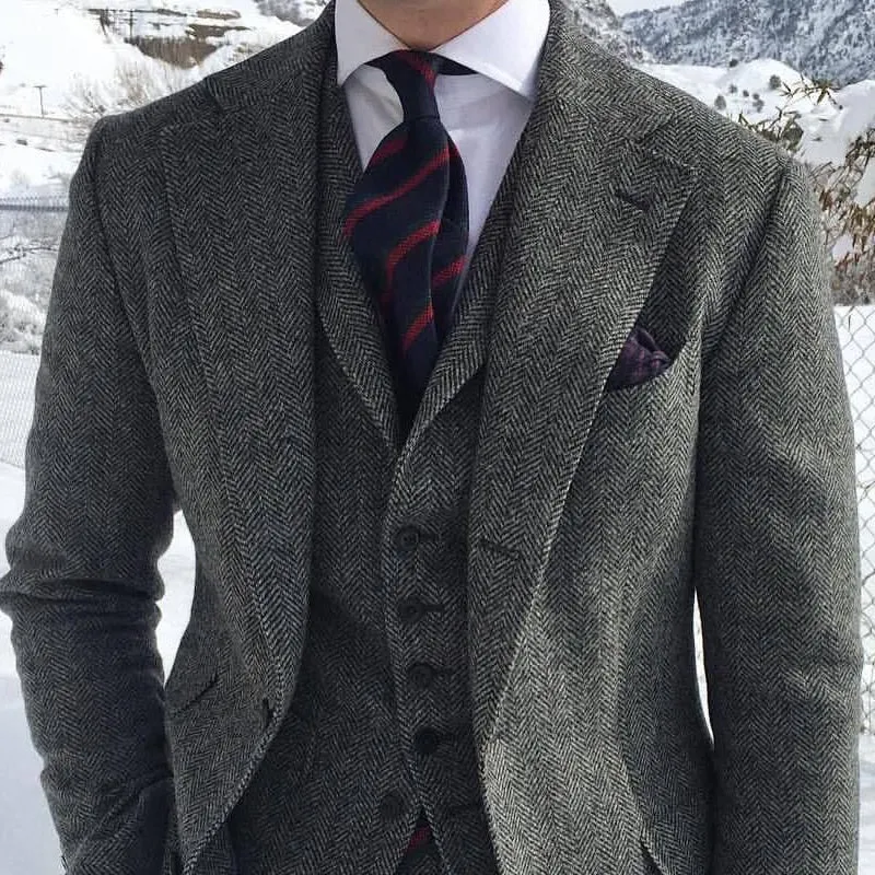 Voguable Gray Wool Tweed Men Suits For Winter Wedding Formal Groom Tuxedo 3 Piece Herringbone Male Fashion Set Jacket Vest with Pants