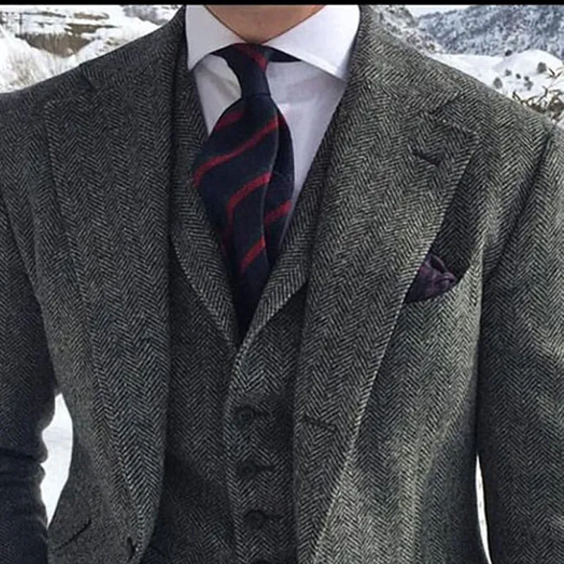 Voguable Gray Wool Tweed Men Suits For Winter Wedding Formal Groom Tuxedo 3 Piece Herringbone Male Fashion Set Jacket Vest with Pants