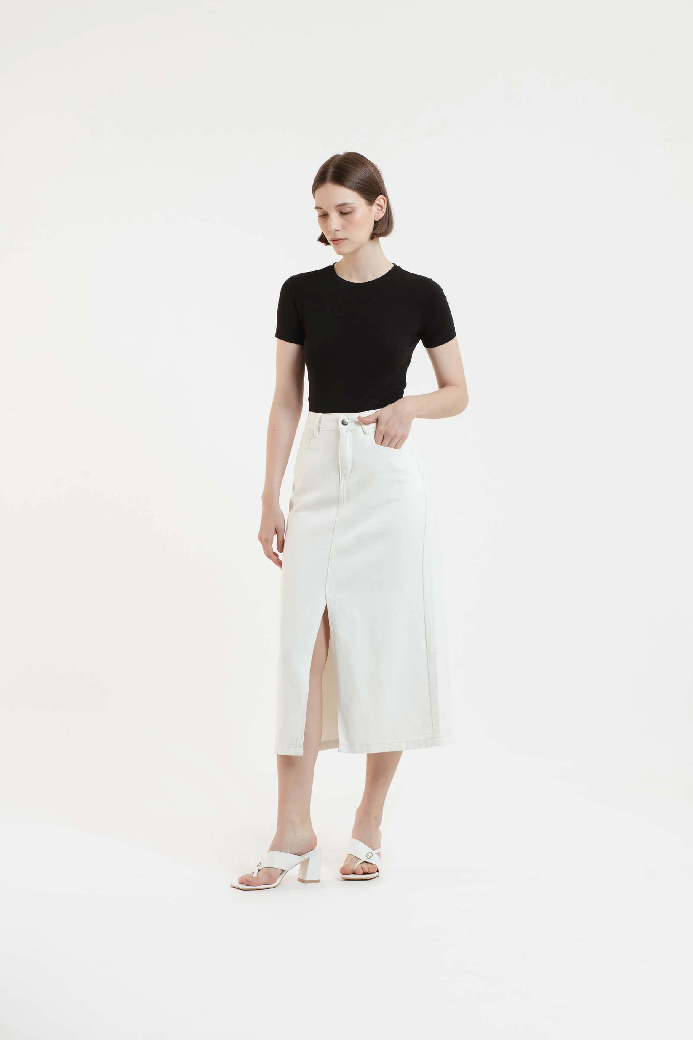 White Midi Denim Skirt