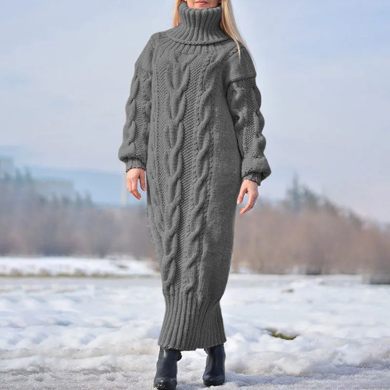 Winter Comfy Chic Turtleneck Long Sleeve Fisherman Cable Knit Maxi Sweater Dress