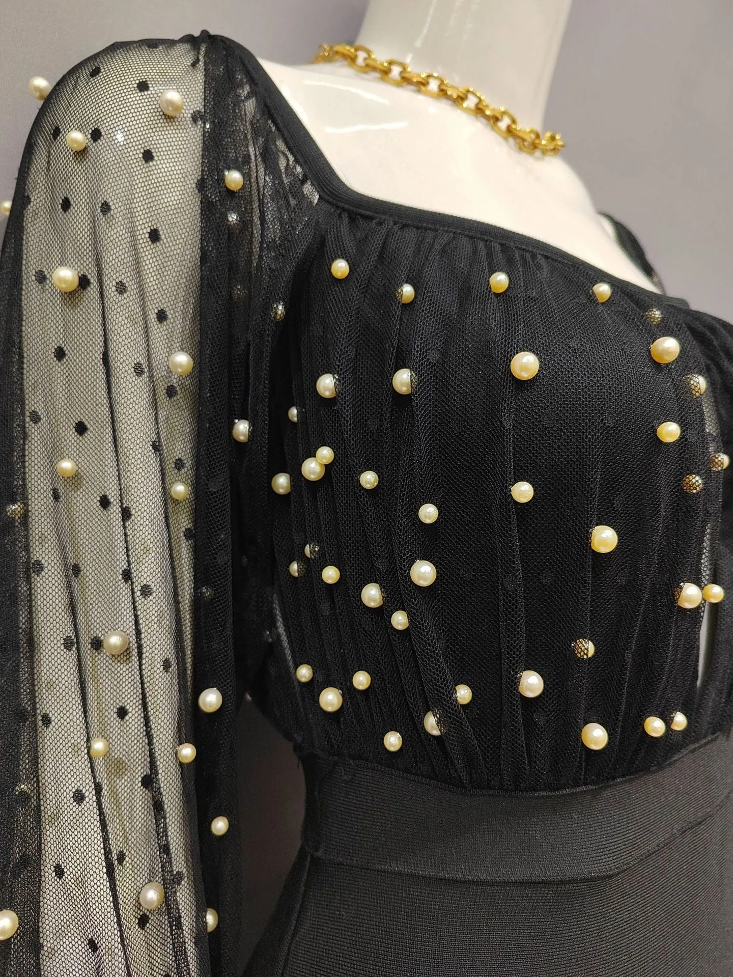 Women Sexy Mesh Tops Studded Diamond & Pearls Hollow Out See Through Sleeves Bandage Skirt