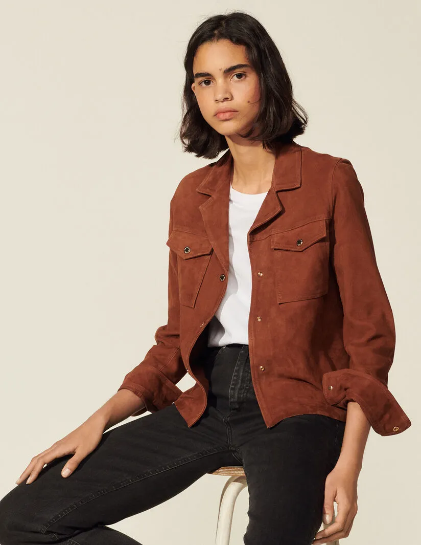 Women’s Camel Brown Suede Leather Trucker Jacket