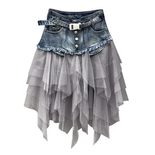 Women's Frill Tulle Laced Skirt - High Waist Denim Mesh Patchwork Gothic Chic Skirts