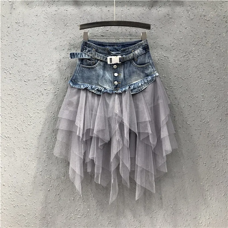 Women's Frill Tulle Laced Skirt - High Waist Denim Mesh Patchwork Gothic Chic Skirts