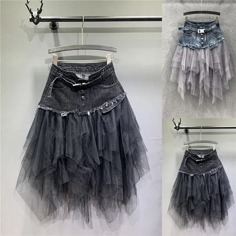 Women's Frill Tulle Laced Skirt - High Waist Denim Mesh Patchwork Gothic Chic Skirts