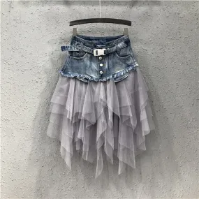 Women's Frill Tulle Laced Skirt - High Waist Denim Mesh Patchwork Gothic Chic Skirts