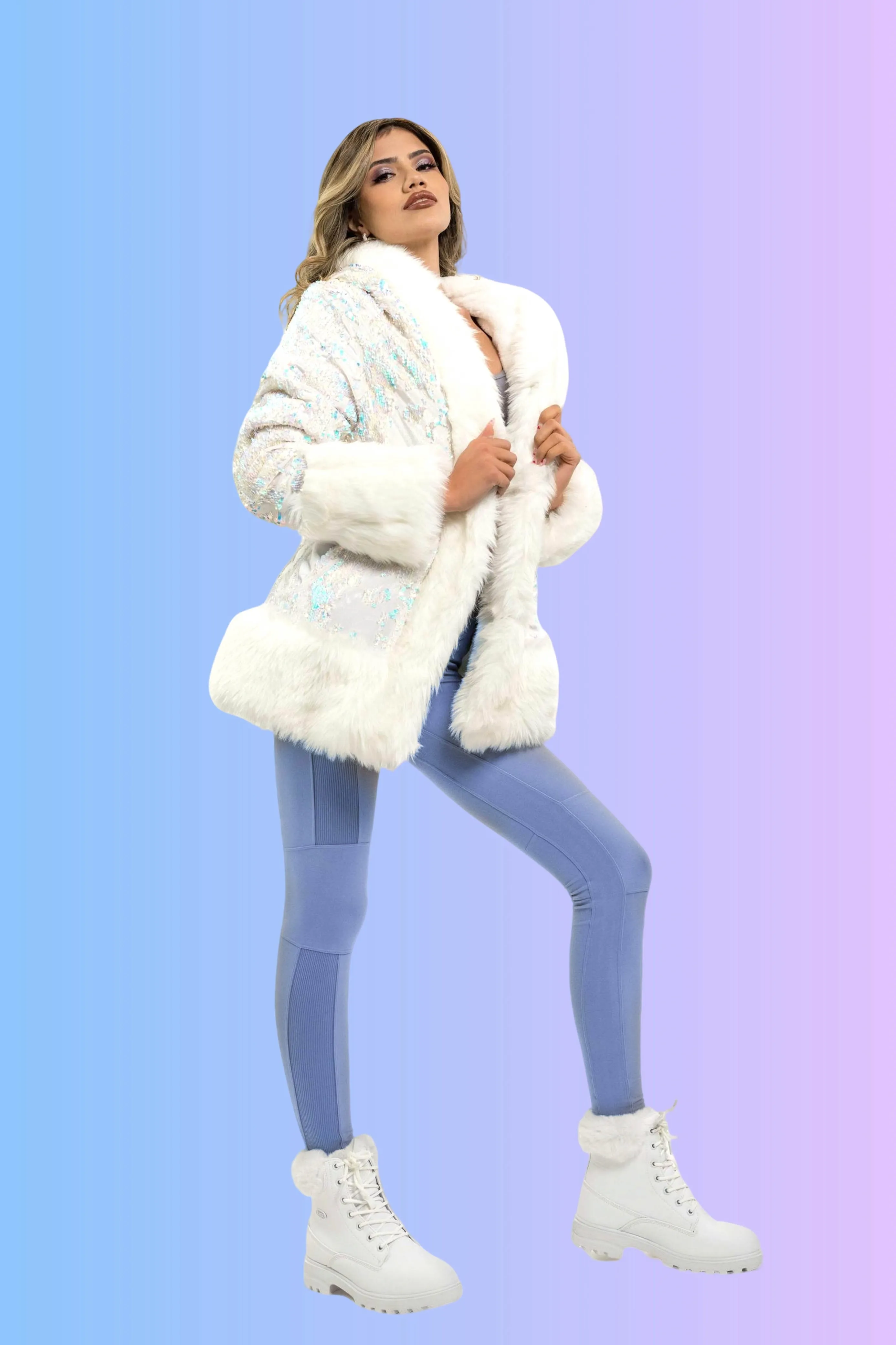 Women's Petite Playa Coat in "White Velvet Unicorn Sequin "