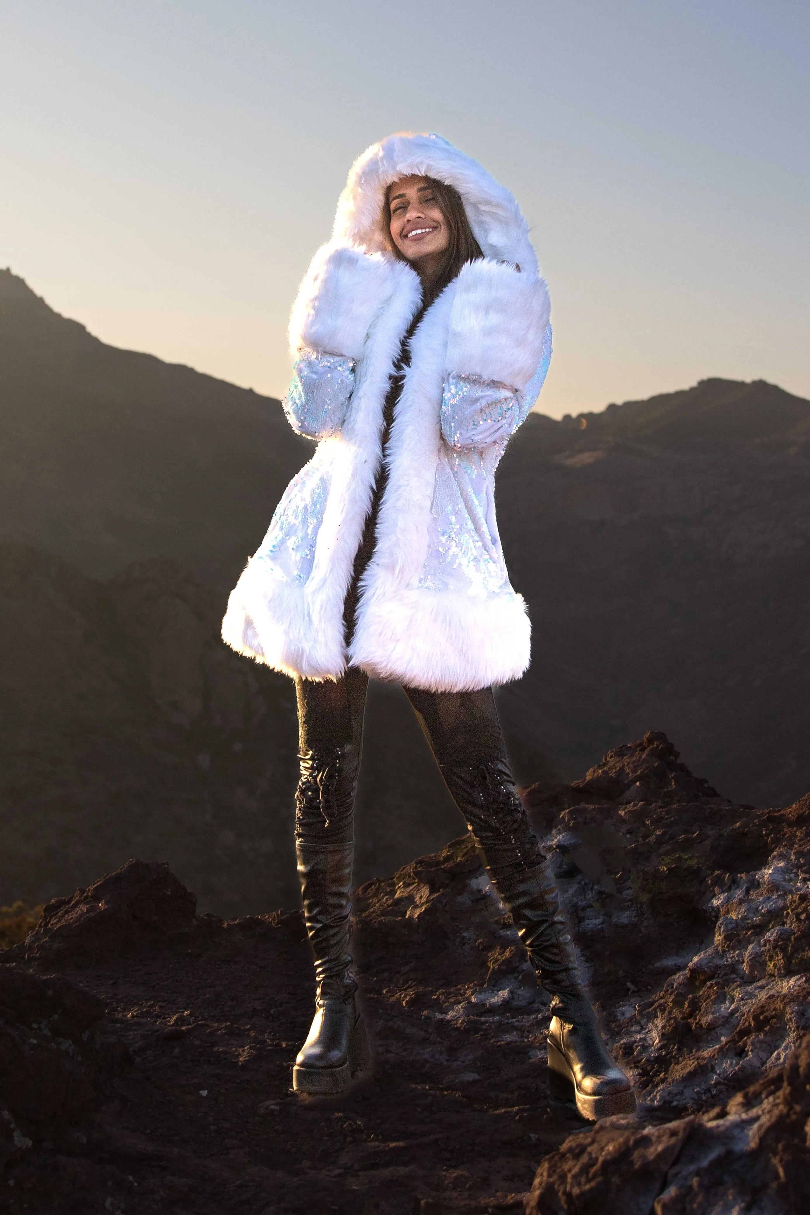 Women's Petite Playa Coat in "White Velvet Unicorn Sequin "