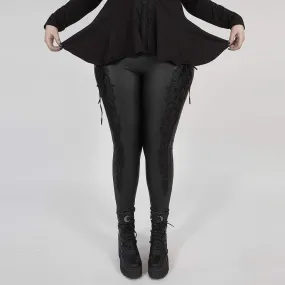 Women's Plus Size Gothic Black  Faux Leather Leggings with Embroidered Details