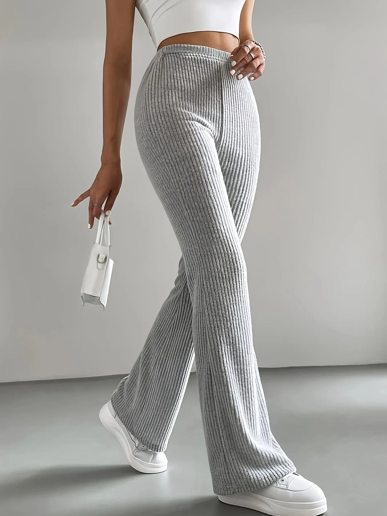 Women's Ribbed Knit Textured Solid Color Flared Pants, High-Waist Casual Sports Trousers