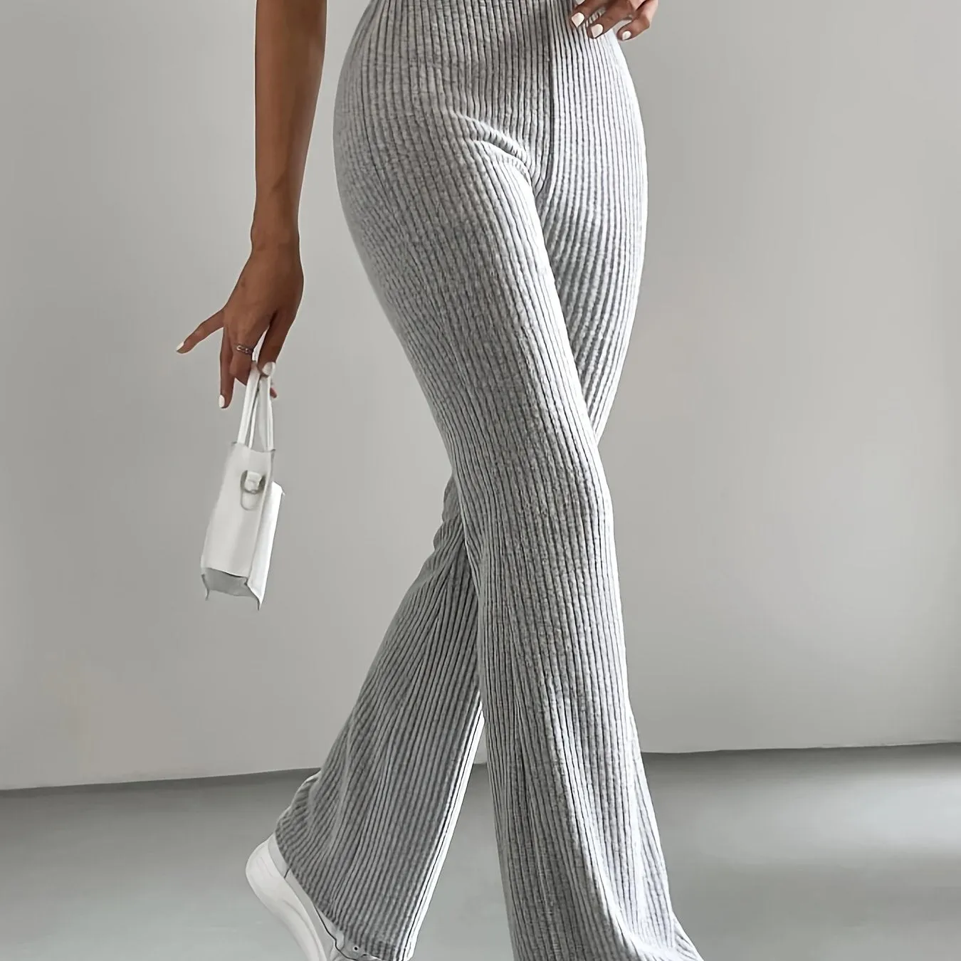 Women's Ribbed Knit Textured Solid Color Flared Pants, High-Waist Casual Sports Trousers