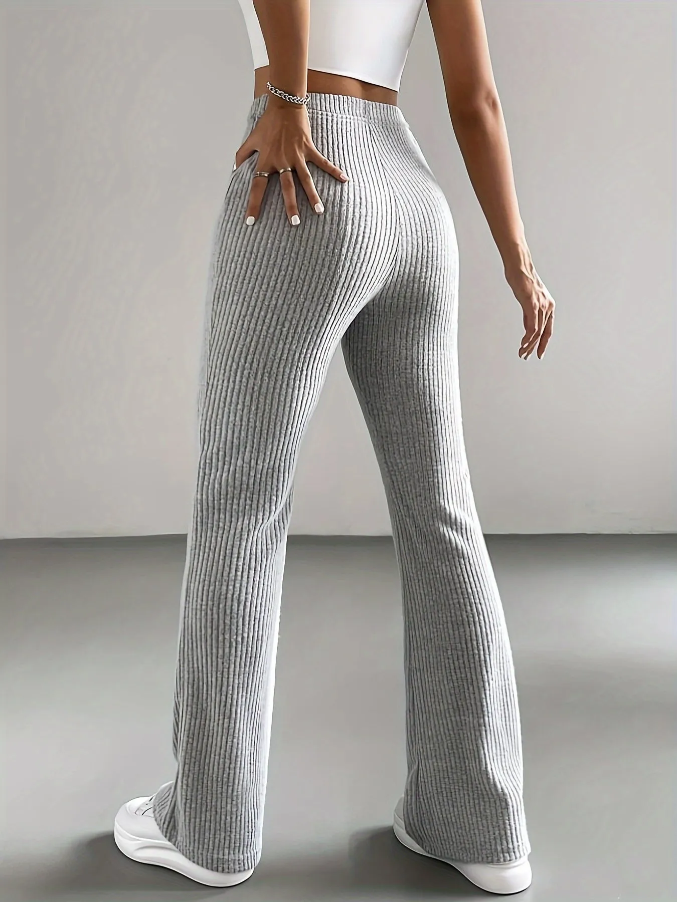 Women's Ribbed Knit Textured Solid Color Flared Pants, High-Waist Casual Sports Trousers